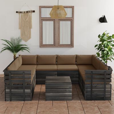 vidaXL Set Divani da Giardino su Pallet 9 pz con Cuscini Massello Pino