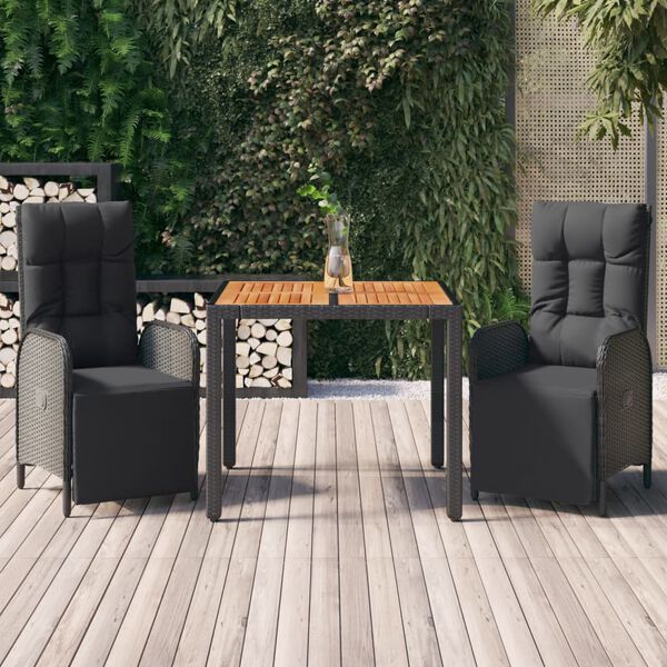 vidaXL Set da Pranzo da Giardino 3 pz con Cuscini Nero in Polyrattan