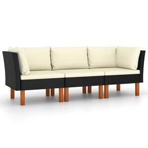 vidaXL Divano da Giardino a 3 Posti con Cuscini Nero in Polyrattan
