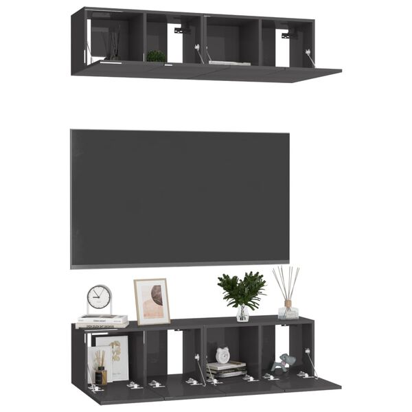 vidaXL Mobili TV 4 pz Grigio Lucido 60x30x30 cm in Legno Multistrato