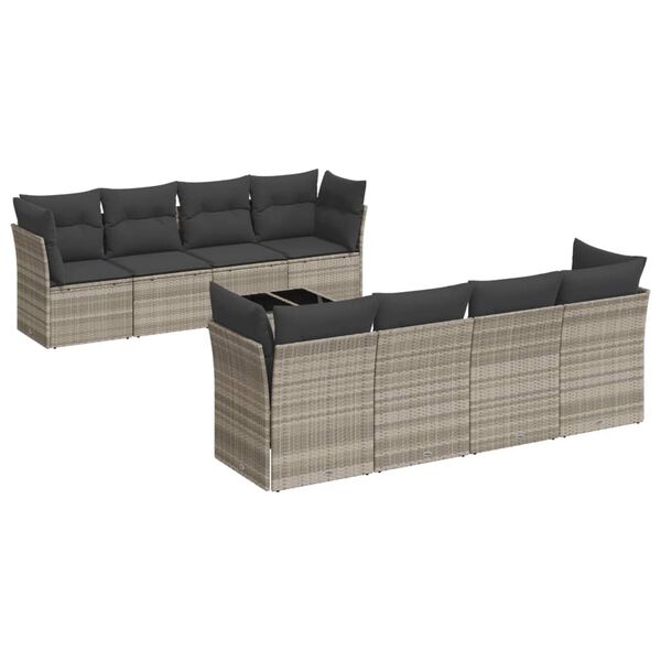 vidaXL Set Divano da Giardino 9pz con Cuscini Grigio Chiaro Polyrattan