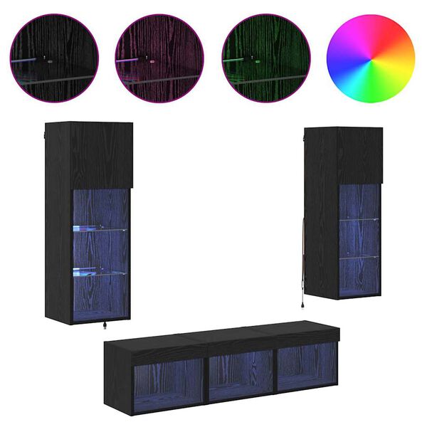 vidaXL Unit&agrave; per TV a Muro 5 pcs Rovere Nero Legno multistrato