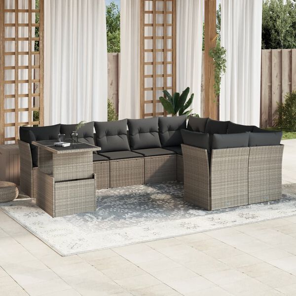 vidaXL Set Divano Giardino 10 pz con Cuscini Grigio Chiaro Polyrattan