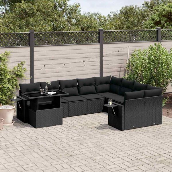 vidaXL Set Divani da Giardino 10pz con Cuscini in Polyrattan Nero