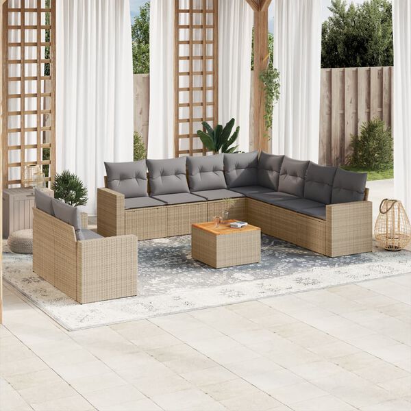 vidaXL Set Divano da Giardino 10 pz con Cuscini Beige Misto Polyrattan