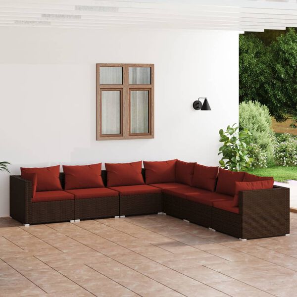 vidaXL Set Divani da Giardino 7 pz con Cuscini in Polyrattan Marrone
