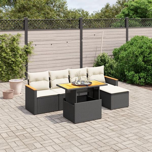 vidaXL Set Divano da Giardino 6 pz con Cuscini Nero in Polyrattan