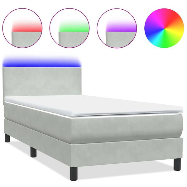 vidaXL Letto a Molle con Materasso e LED grigio chiaro 90x210 cm Velluto