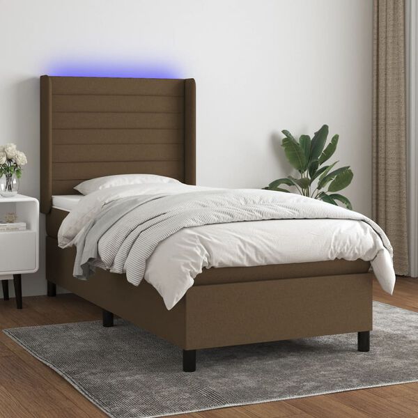 vidaXL Letto a Molle Materasso e LED Marrone Scuro 90x190cm in Tessuto