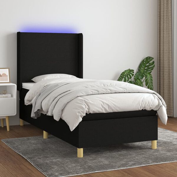 vidaXL Letto a Molle con Materasso e LED Nero 90x200 cm in Tessuto
