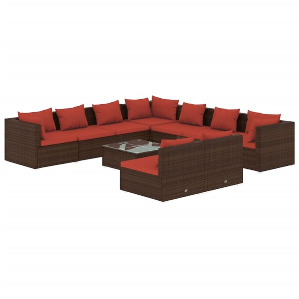 vidaXL Set Divani da Giardino 10 pz con Cuscini in Polyrattan Marrone