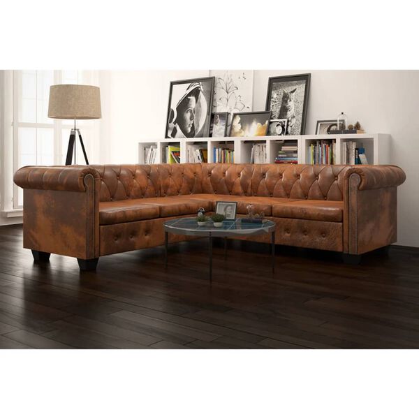 vidaXL Divano Angolare Chesterfield a 5Posti Pelle Artificiale Marrone