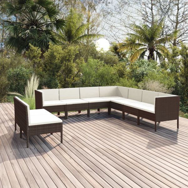 vidaXL Set Divani da Giardino 9 pz con Cuscini in Polyrattan Marrone