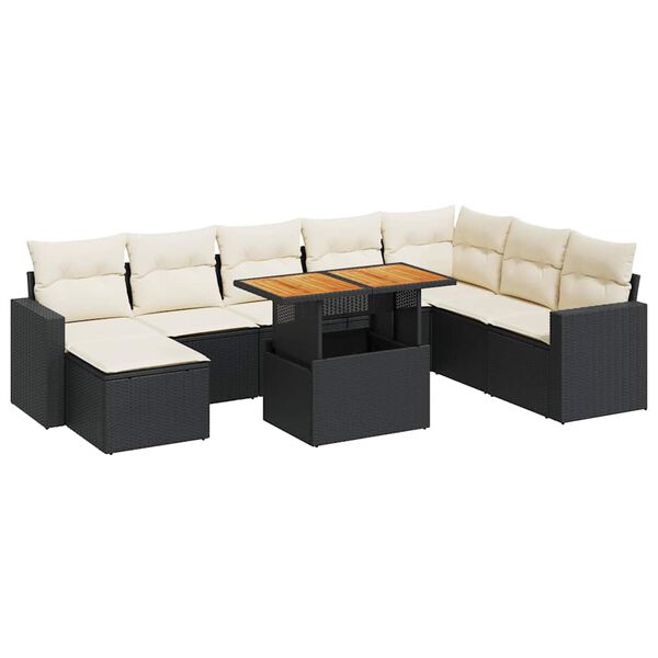 vidaXL Set Divani da Giardino 9 pz con Cuscini Nero in Polyrattan