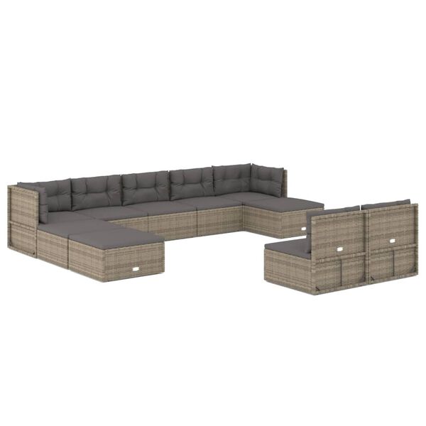 vidaXL Set Divani da Giardino 10 pz con Cuscini in Polyrattan Grigio