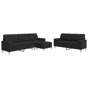 vidaXL Set Divani 3 pz con Poggiapiedi e Cuscini Nero in Tessuto