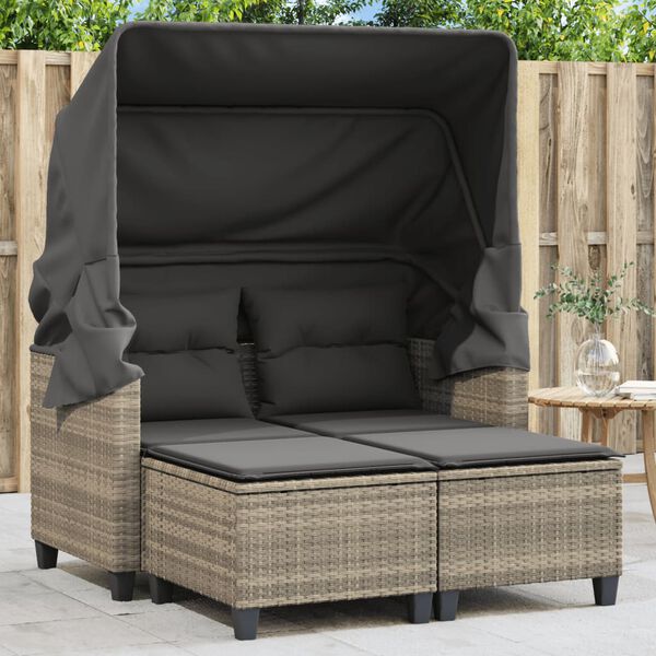 vidaXL Divano Giardino 2 Posti Tetto Sgabelli Grigio Chiaro Polyrattan