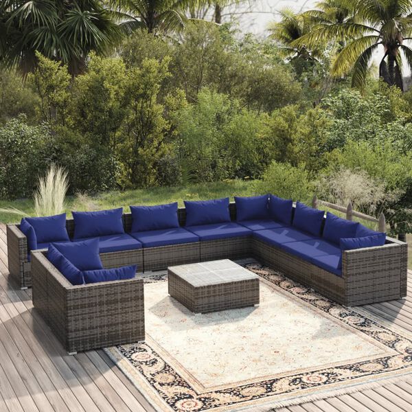 vidaXL Set Divani da Giardino 11 pz con Cuscini in Polyrattan Grigio