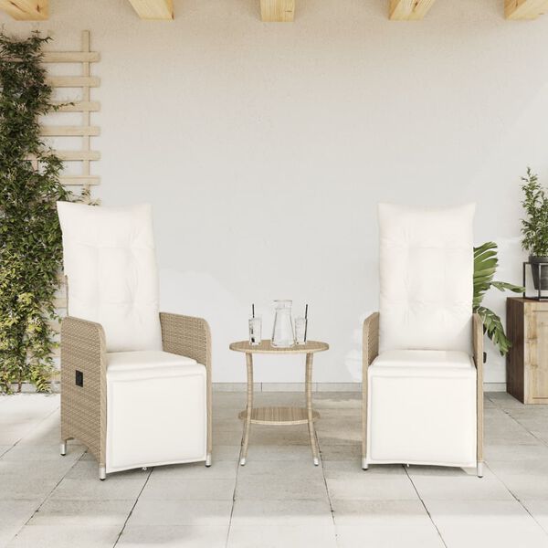 vidaXL Sedie da Giardino Reclinabili 2pz con Tavolino Polyrattan Beige