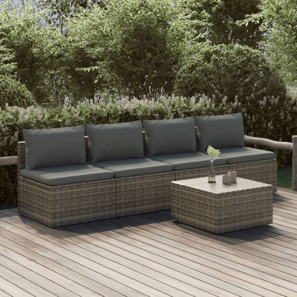 vidaXL Set Divani da Giardino 5 pz con Cuscini in Polyrattan Grigio
