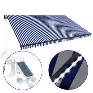 vidaXL Tenda con Sensore Vento e LED 500x300 cm Blu e Bianca