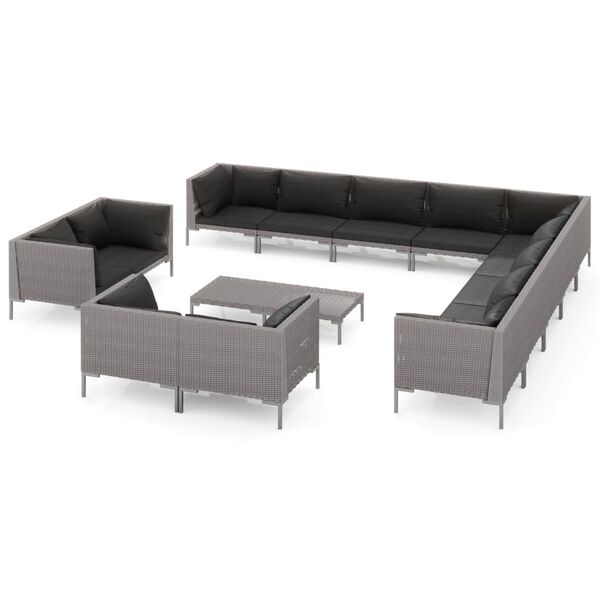 vidaXL Set Divani da Giardino 14pz con Cuscini Polyrattan Grigio Scuro