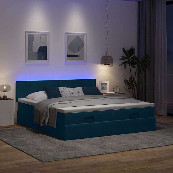 vidaXL Pouf Letto con Materassi e LED Blu Scuro 200x200cm Velluto