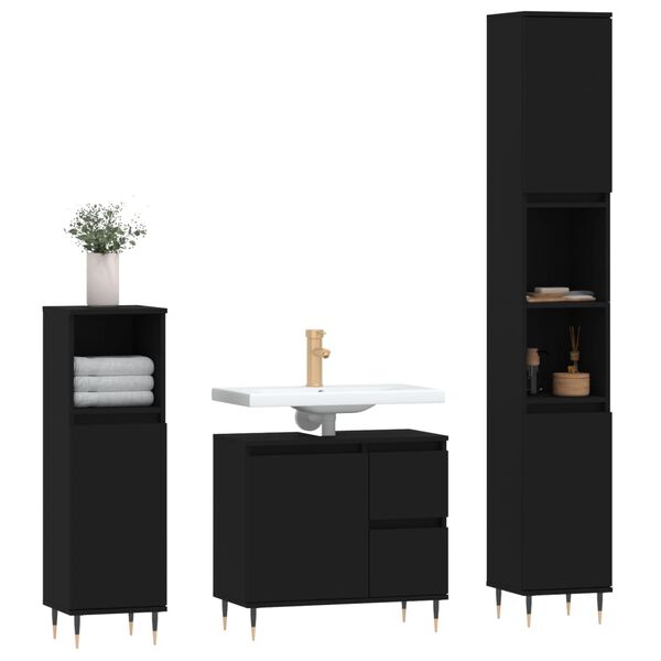 vidaXL Set Mobili da Bagno 3 pz Nero in Legno Multistrato