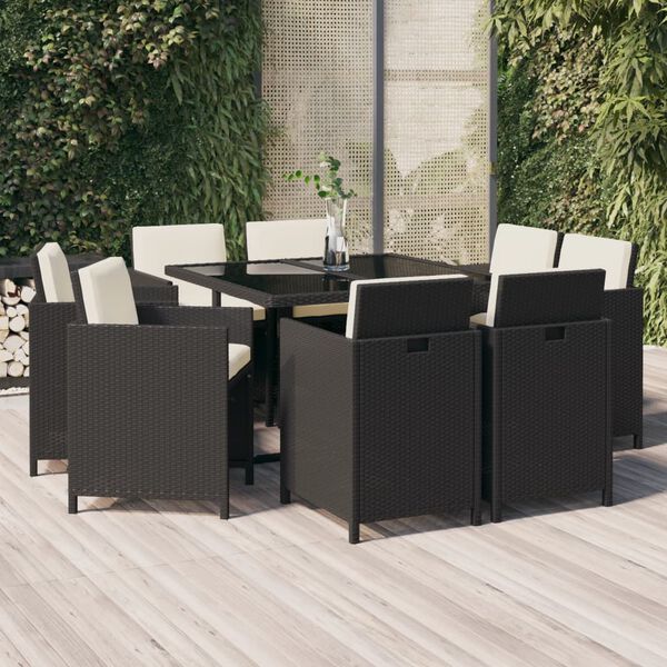 vidaXL Set da Pranzo da Giardino 9 pz con Cuscini Nero in Polyrattan