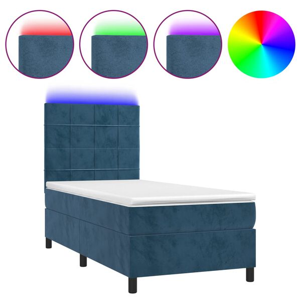 vidaXL Letto a Molle con Materasso e LED Blu Scuro 90x190cm in Velluto