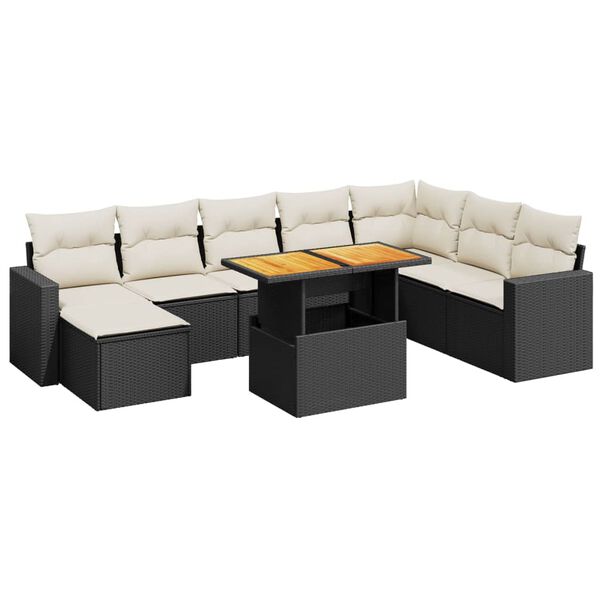 vidaXL Set Divani da Giardino 9 pz con Cuscini Nero in Polyrattan