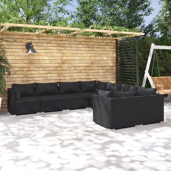 vidaXL Set Divani da Giardino 8 pz con Cuscini in Polyrattan Nero