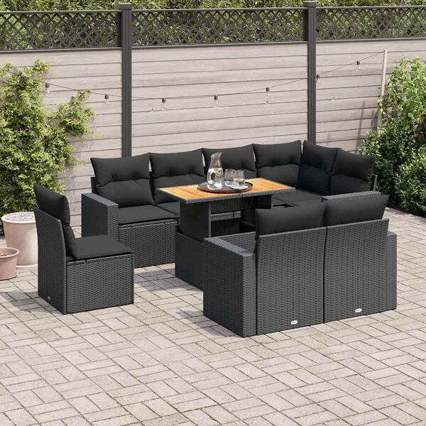 vidaXL Set Divani da Giardino 9 pz con Cuscini Nero in Polyrattan