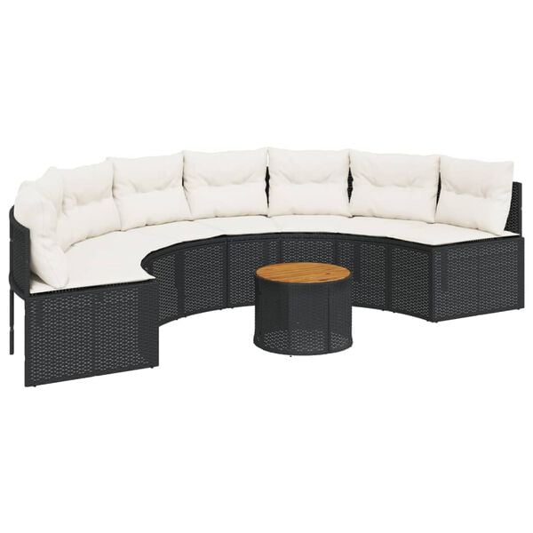 vidaXL Divano Giardino Tavolo e Cuscini Semicircolare Nero Polyrattan