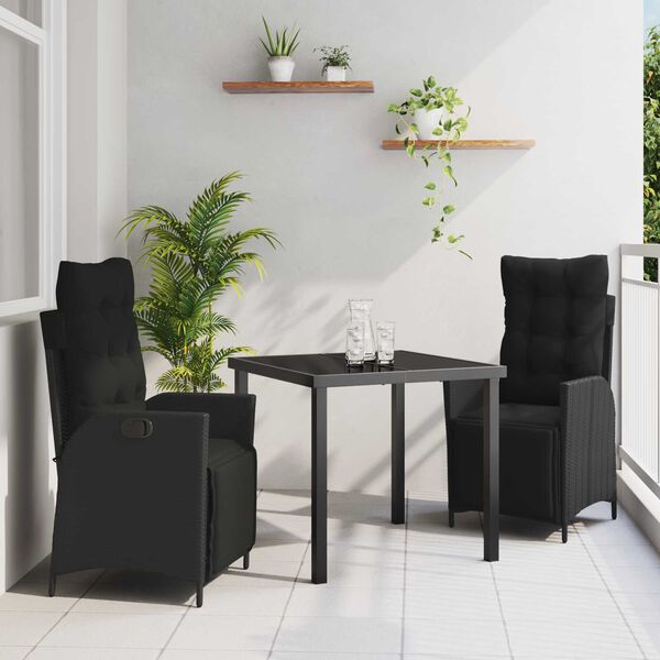 vidaXL Set da Pranzo per Giardino con cuscino 3 pcs Nero polyrattan