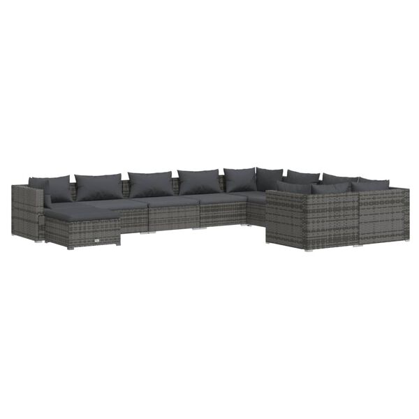 vidaXL Set Divani da Giardino 10 pz con Cuscini in Polyrattan Grigio