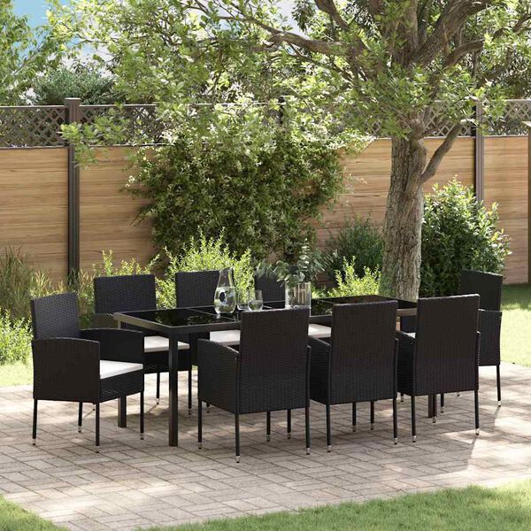 vidaXL Set da Pranzo per Giardino con cuscino 9 pcs Nero polyrattan