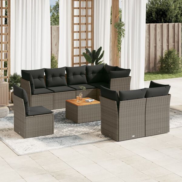 vidaXL Set Divano da Giardino 9 pz con Cuscini Grigio in Polyrattan