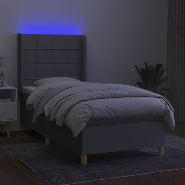 vidaXL Letto a Molle Materasso e LED Grigio Chiaro 90x200 cm Tessuto