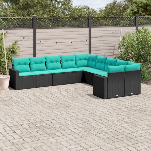 vidaXL Set Divani da Giardino 10 pz con Cuscini Nero in Polyrattan