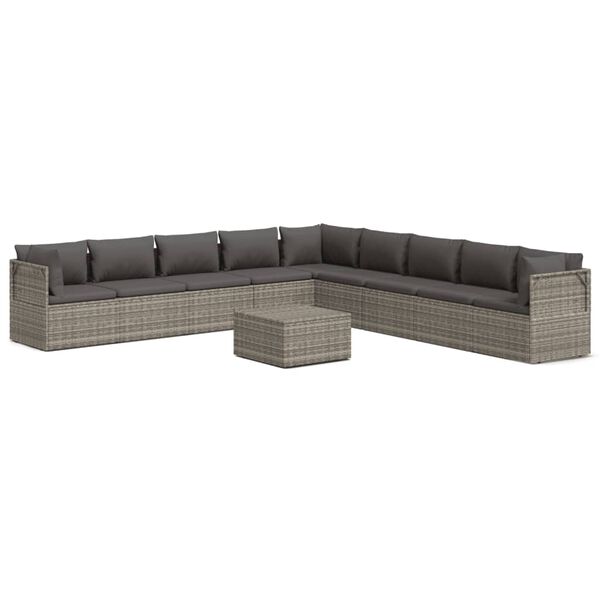 vidaXL Set Divani da Giardino 10 pz con Cuscini in Polyrattan Grigio