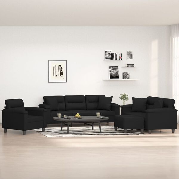 vidaXL Set Divani 4 pz con Cuscini Nero in Tessuto Microfibra