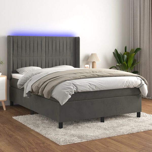 vidaXL Letto a Molle con Materasso e LED Grigio Scuro 140x200 cm
