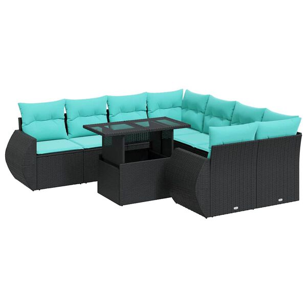 vidaXL Set Divani da Giardino 9 pz con Cuscini Nero Polyrattan Acacia