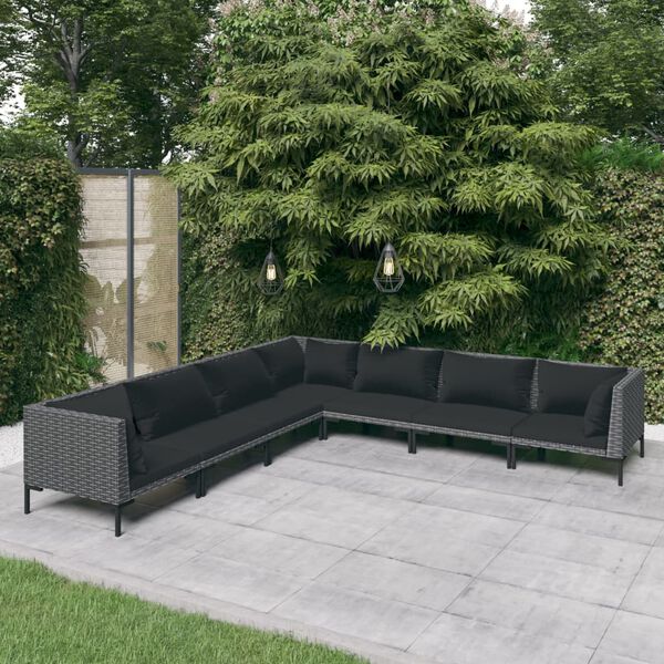 vidaXL Set Divani da Giardino 7 pz con Cuscini Polyrattan Grigio Scuro