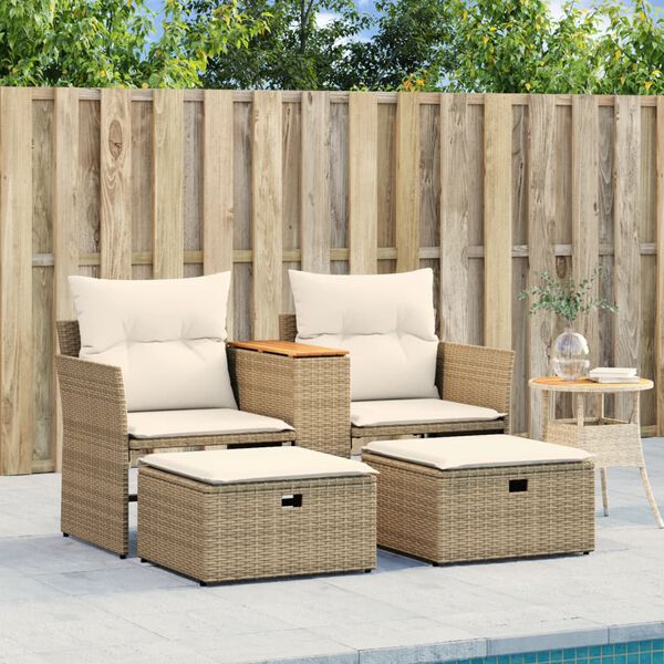 vidaXL Divano da Giardino 2 Posti con Sgabelli Beige in Polyrattan