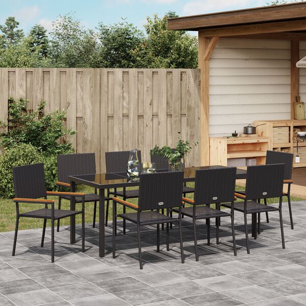 vidaXL Set da Pranzo per Giardino con cuscino 9 pcs Nero polyrattan