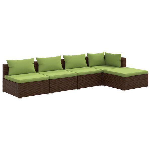 vidaXL Set Divani da Giardino 5 pz con Cuscini in Polyrattan Marrone