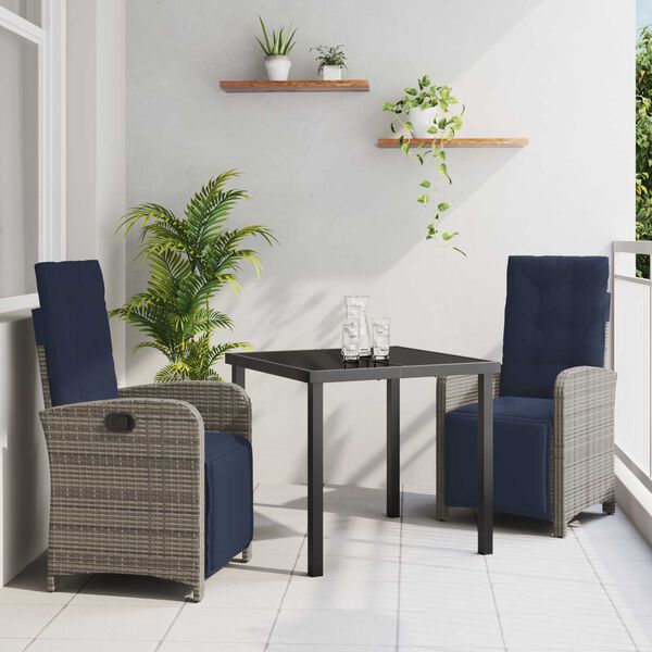 vidaXL Set da Pranzo per Giardino con cuscino 3 pcs Grigio polyrattan