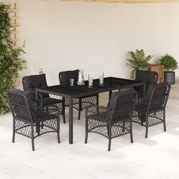vidaXL Set da Pranzo da Giardino 7 pz Nero con Cuscini in Polyrattan